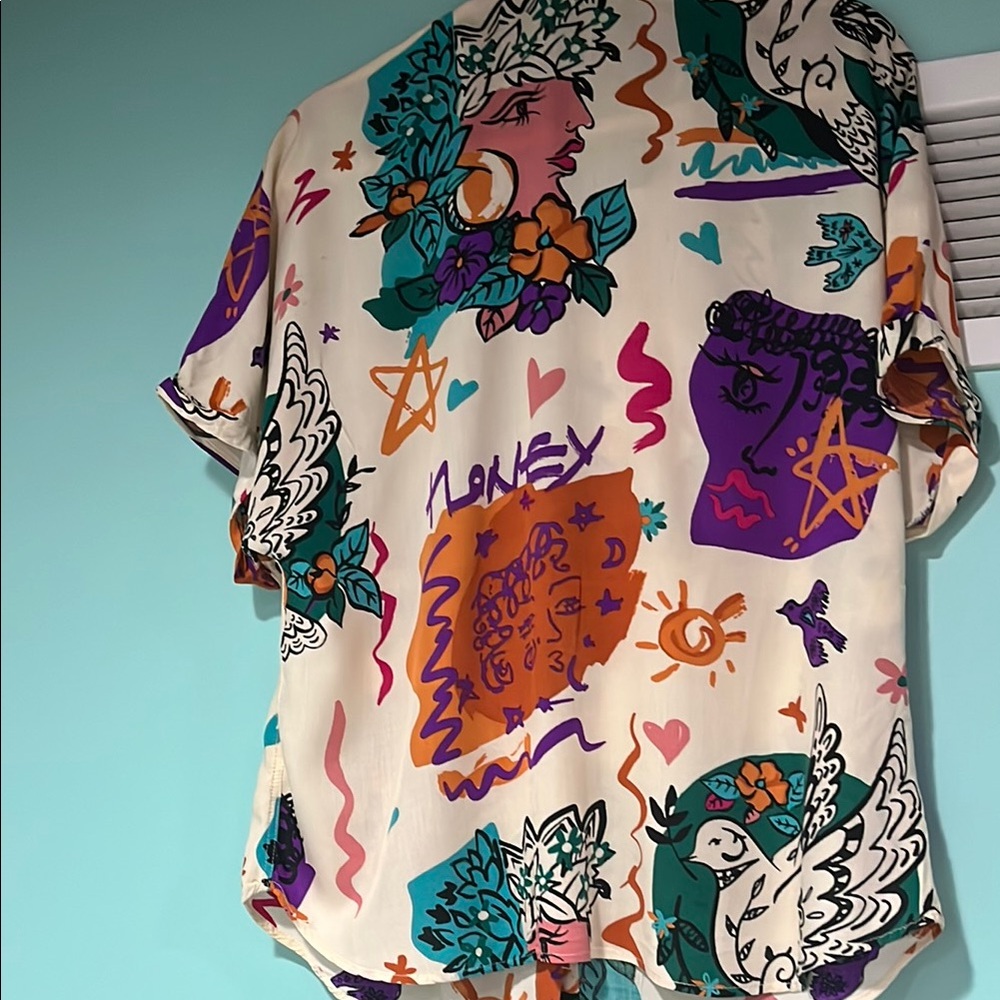 Women’s‎ top Sunburst kiss top women’s XL button up Graphic Print women’s  Shirt - Picture 10 of 13